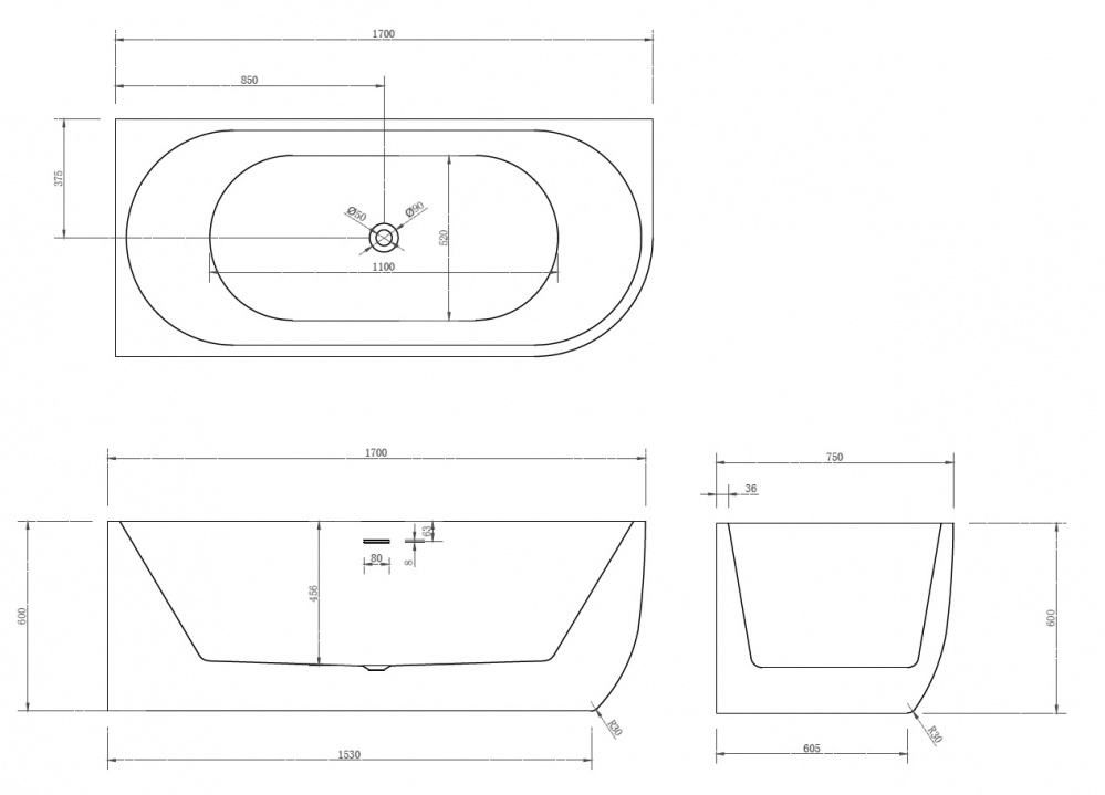 Акриловая ванна ABBER угловая асимметричная, белая 170*75, AB9315L