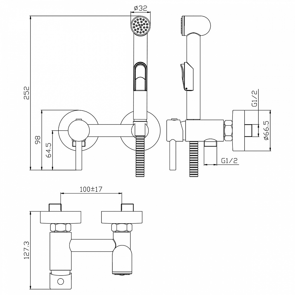 Смеситель Rossinka X25-52 с гигиеническим душем встраиваемый