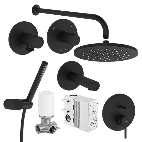 Набор встроенной душевой системы Origin на 3 направления, матовый черный (верхняя лейка, излив, ручной душ, смеситель встроенный внешняя и внутренняя часть), A49284EXP