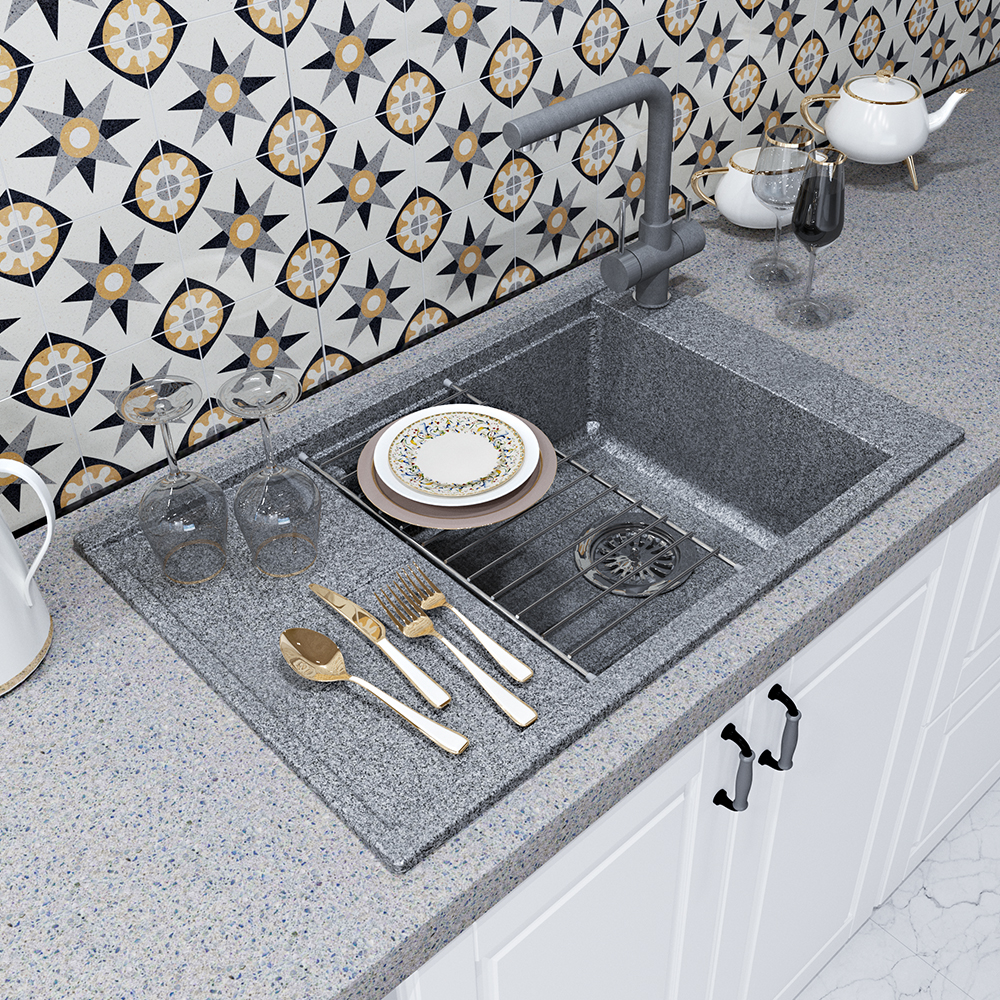 Мойка для кухни из литого мрамора Aquaton Делия 78 прямоугольная с крылом серая 1A715132DE230