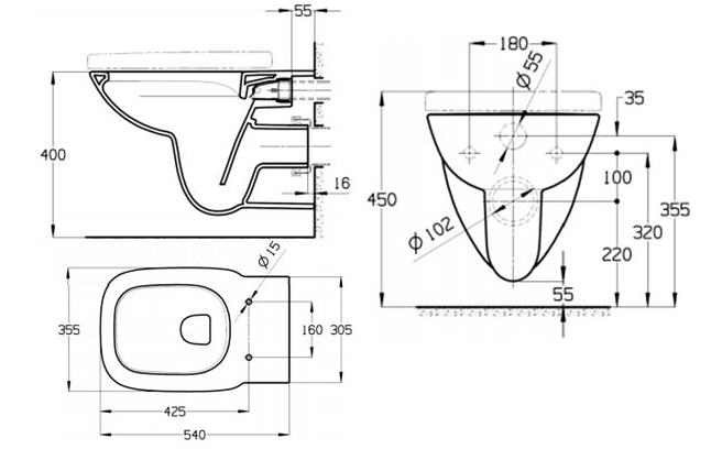 Чаша Roca Debba подвесная 540, Rimless 34699L000