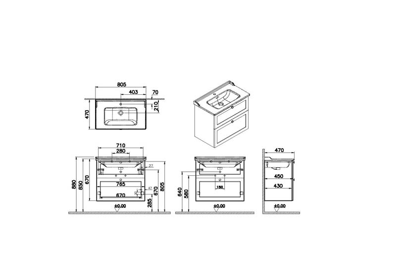 Модуль Root Classic 80 см с классической раковиной, 2 ящика, матовый белый, 68869