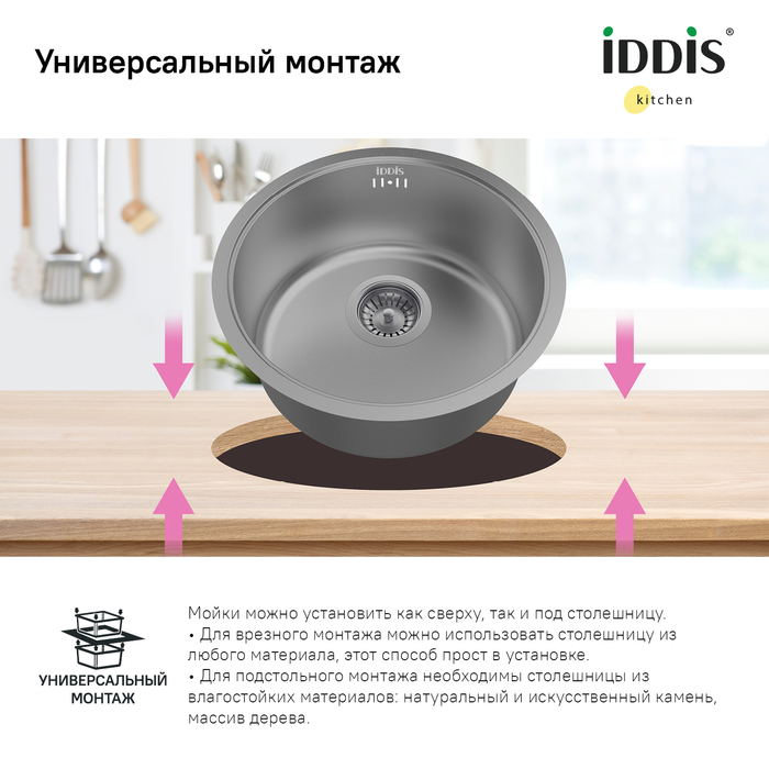 Мойка, нерж.сталь, универсального монтажа, графит, D-425*180, Edifice, IDDIS, EDI42G0i77