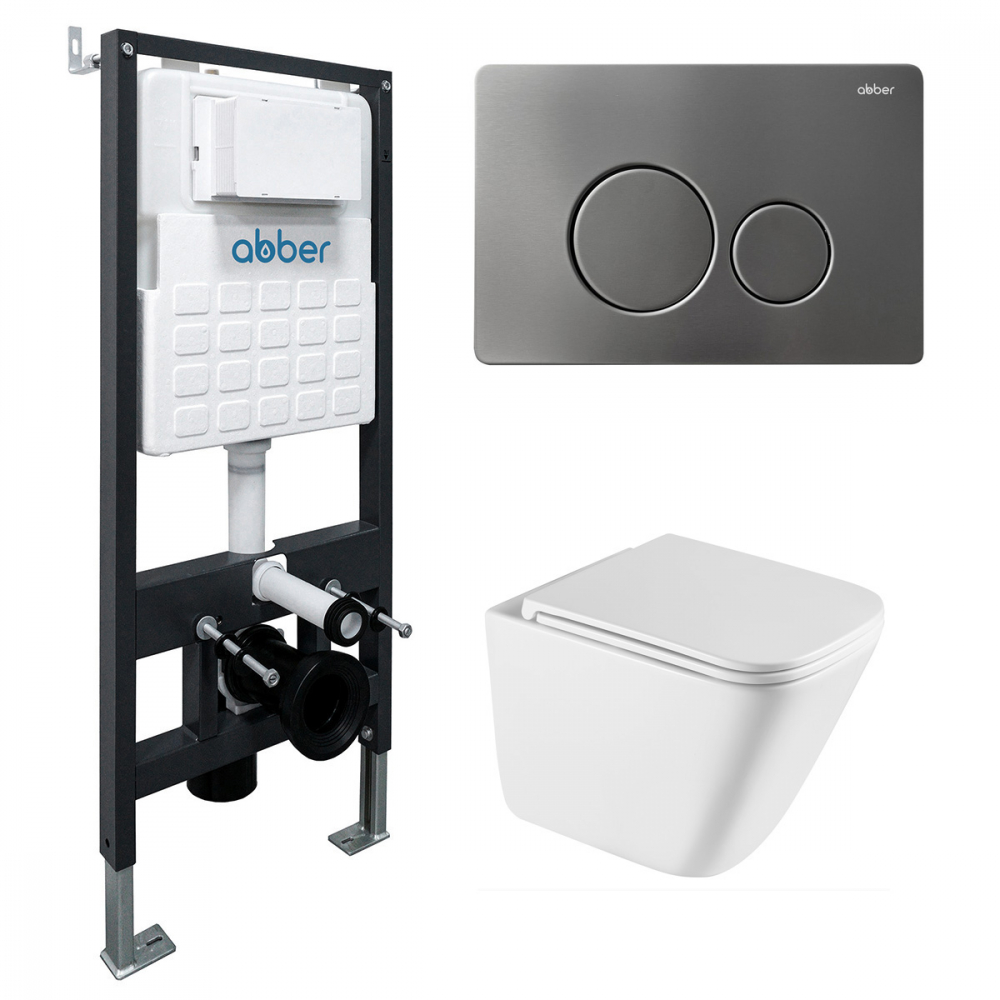 Комплект подвесной унитаз ABBER Rechteck AC1219TC белый, с закрытым дном с инсталляцией AC0105 и кнопкой AC0121NG никель, AC1219TC+AC0105+AC0121NG