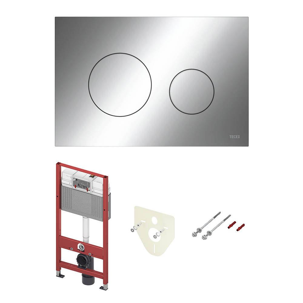 Комплект для установки подвесного унитаза: застенный модуль TECEbase, пластиковая панель смыва TECEloop, хром глянцевый